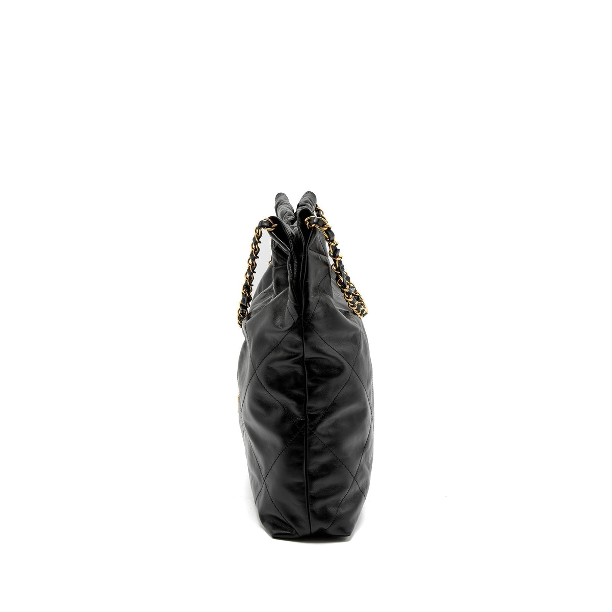 CHANEL MEDIUM 22 BAG GOLD LETTER SHINY CALFSKIN BLACK BRUSHED GHW (MICROCHIP)
