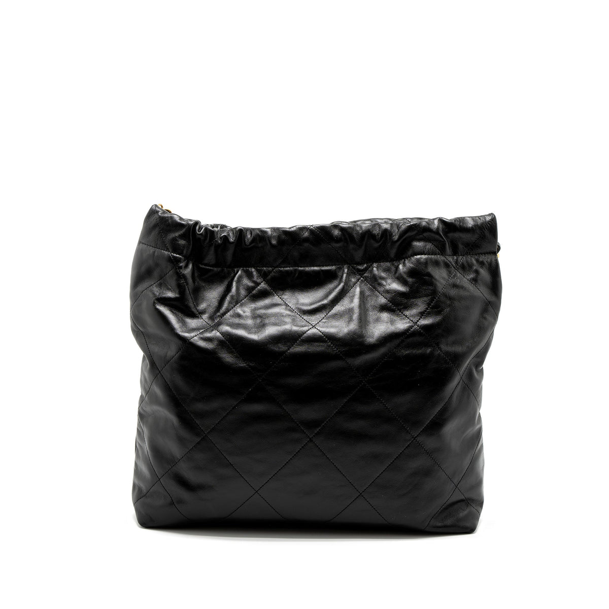 CHANEL MEDIUM 22 BAG GOLD LETTER SHINY CALFSKIN BLACK BRUSHED GHW (MICROCHIP)