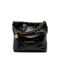 CHANEL MEDIUM 22 BAG GOLD LETTER SHINY CALFSKIN BLACK BRUSHED GHW (MICROCHIP)