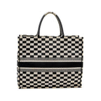 DIOR LARGE BOOK TOTE WHITE CHECKERED EMBROIDERED CANVAS BLACK / WHITE
