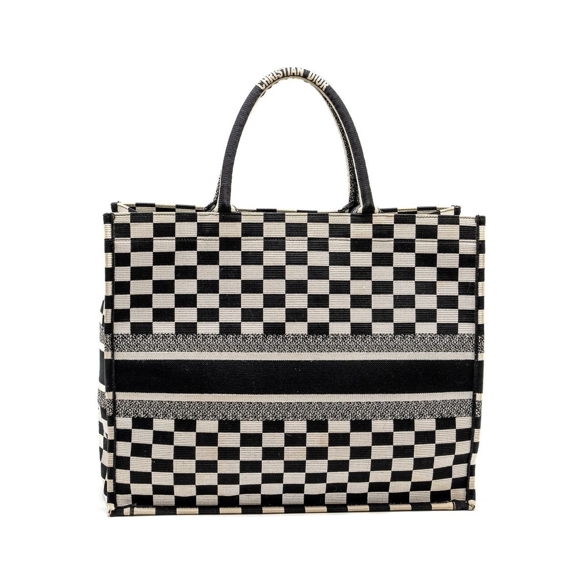 DIOR LARGE BOOK TOTE WHITE CHECKERED EMBROIDERED CANVAS BLACK / WHITE