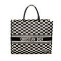 DIOR LARGE BOOK TOTE WHITE CHECKERED EMBROIDERED CANVAS BLACK / WHITE