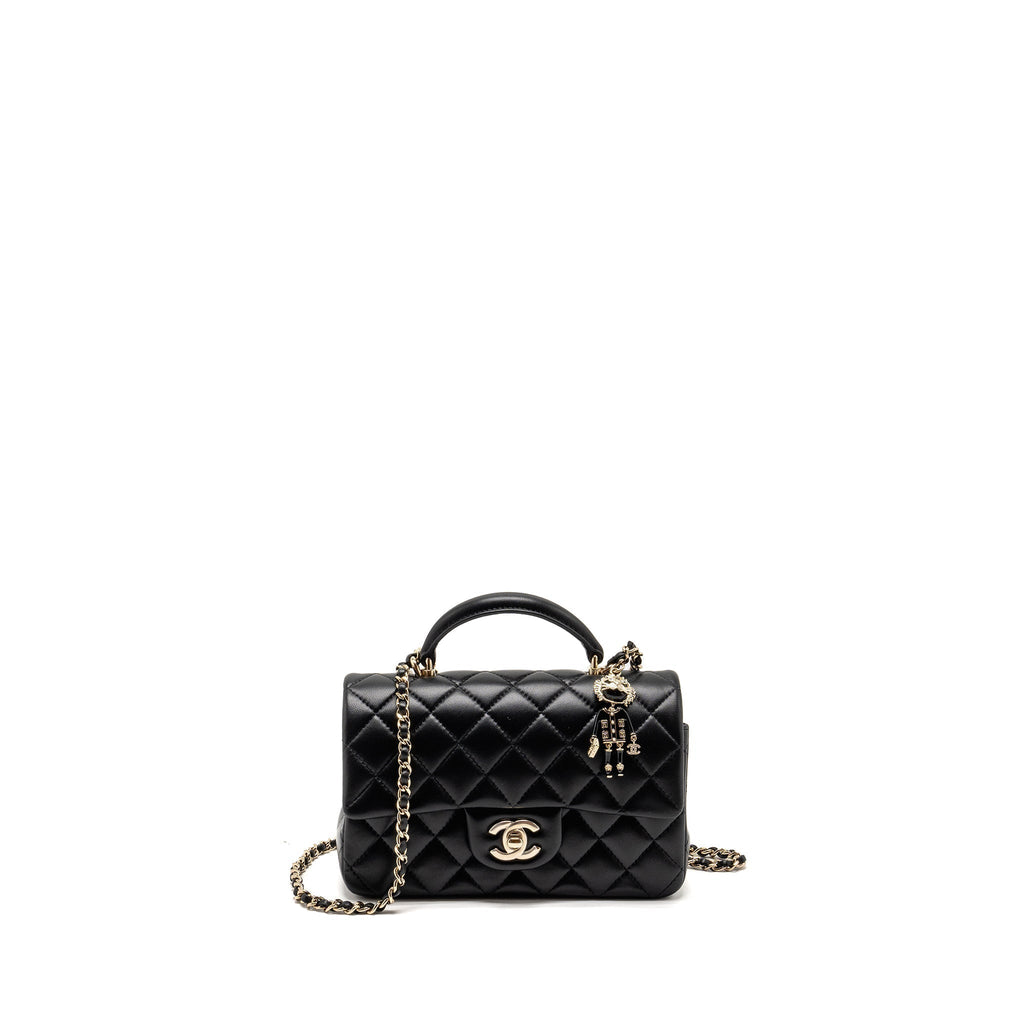CHANEL TOP HANDLE MINI RECTANGULAR FLAP BAG WITH LION CHARM LAMBSKIN BLACK LGHW (MICROCHIP)
