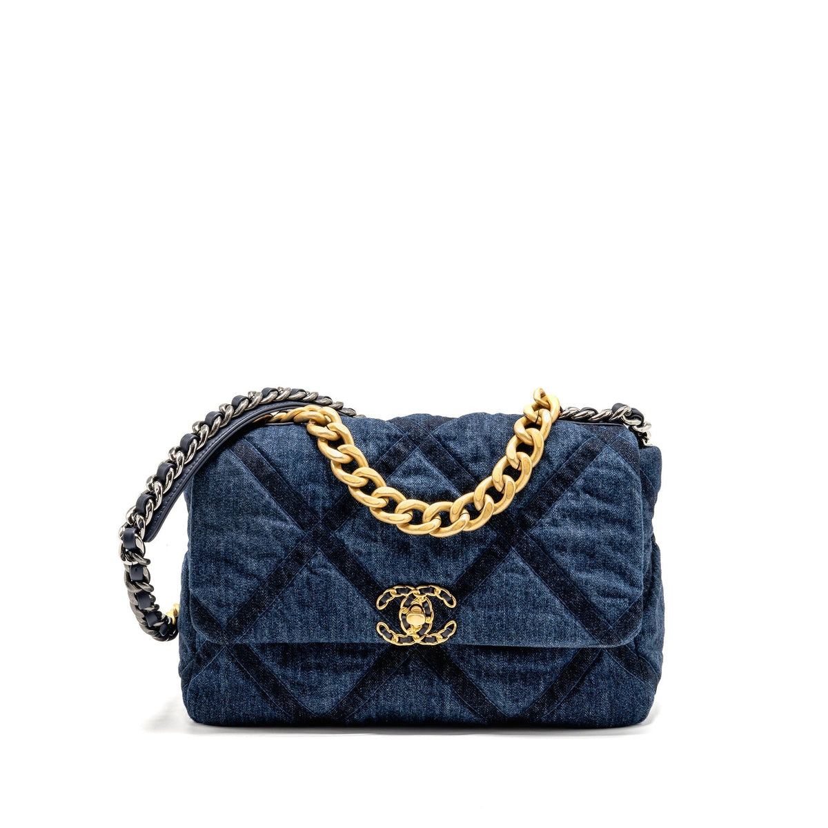 CHANEL LARGE 19 BAG DENIM DARK BLUE MULTICOLOR HARDWARE