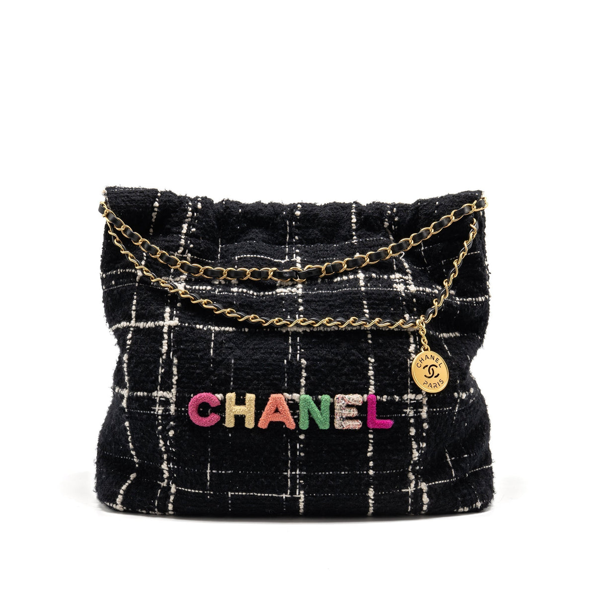 CHANEL MEDIUM 22 BAG QUILTED TWEED BLACK / MULTICOLOUR GHW (MICROCHIP)