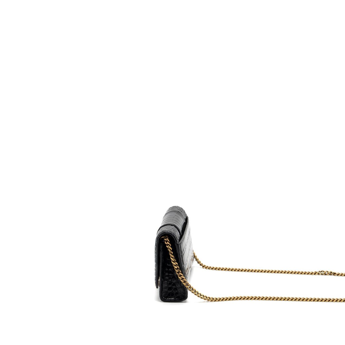 BALENCIAGA HOURGLASS WALLET ON CHAIN CROC EMBOSSED CALFSKIN BLACK GHW