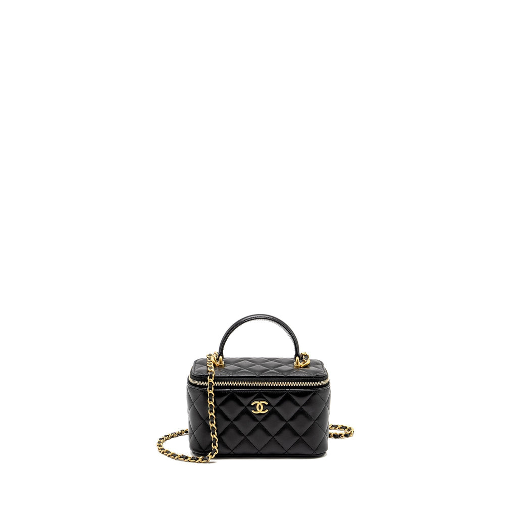 CHANEL TOP HANDLE LONG VANITY CASE LAMBSKIN BLACK GHW