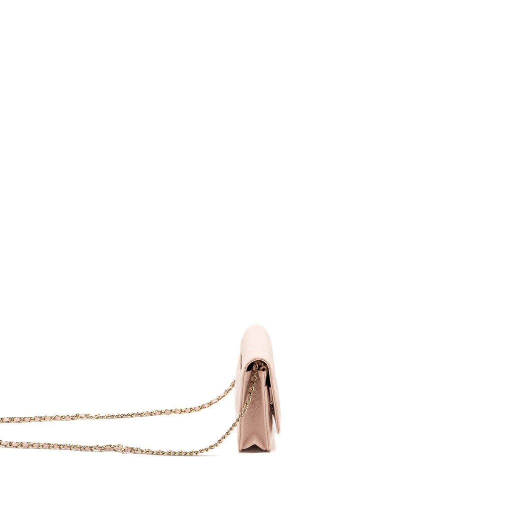 CHANEL ENAMEL LOGO QUILTED WALLET ON CHAIN CAVIAR LIGHT PINK LGHW