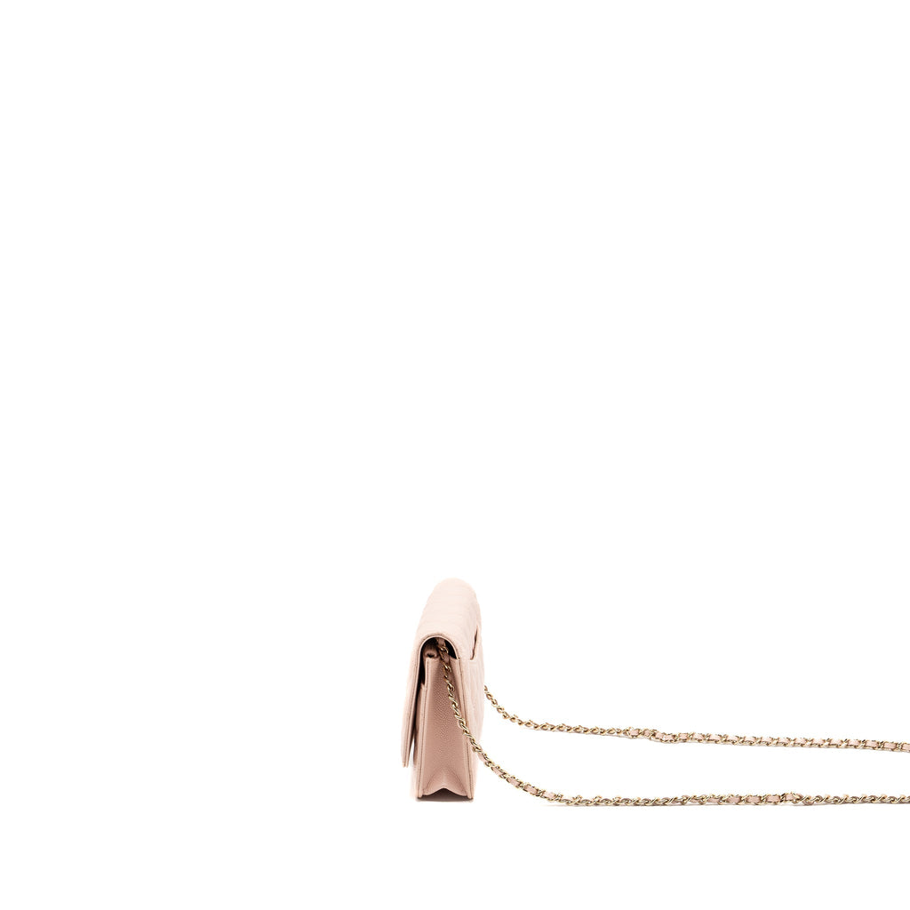 CHANEL ENAMEL LOGO QUILTED WALLET ON CHAIN CAVIAR LIGHT PINK LGHW