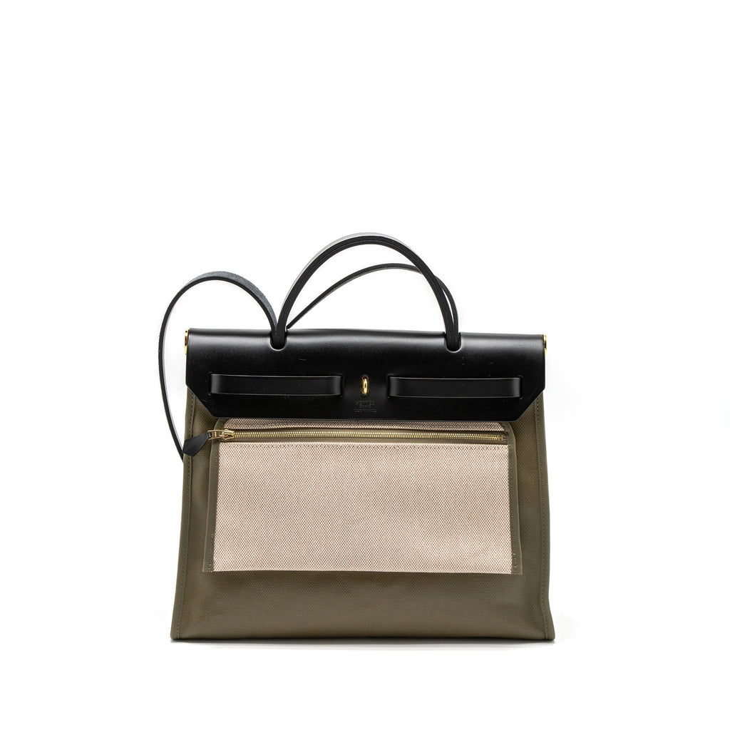 HERMES HERBAG 31 ZIP BAG TOLIE H BERLINE CANVAS/VACHE HUNTER LICHEN/ECRU-BEIGE/BLACK GHW