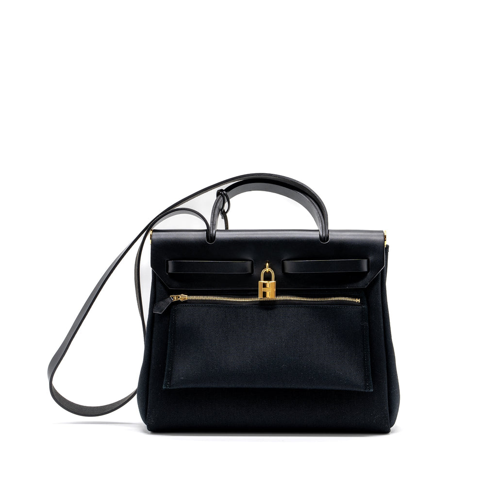 Hermes herbag 31 zip bag canvas / hunter leather black GHW