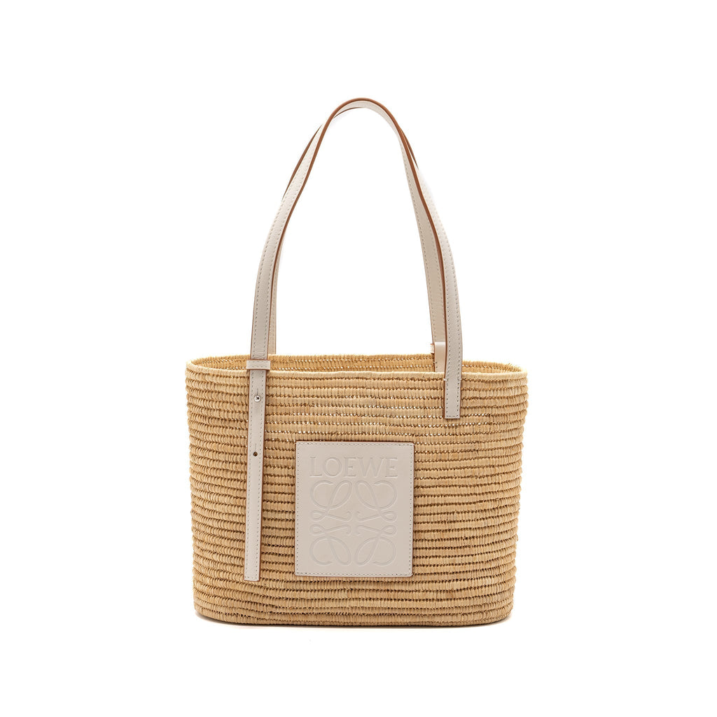 LOEWE SMALL SQUARE BASKET BAG RAFFIA/CALFSKIN WHITE SHW