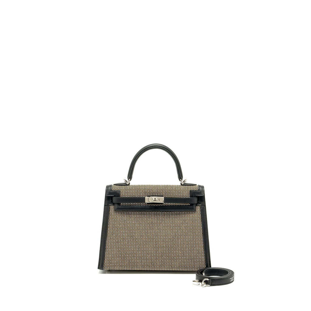 HERMES KELLY 25 SELLIER TOILE QUADRILLE /SWIFT BLACK-BLANC-DESERT / BLACK SHW