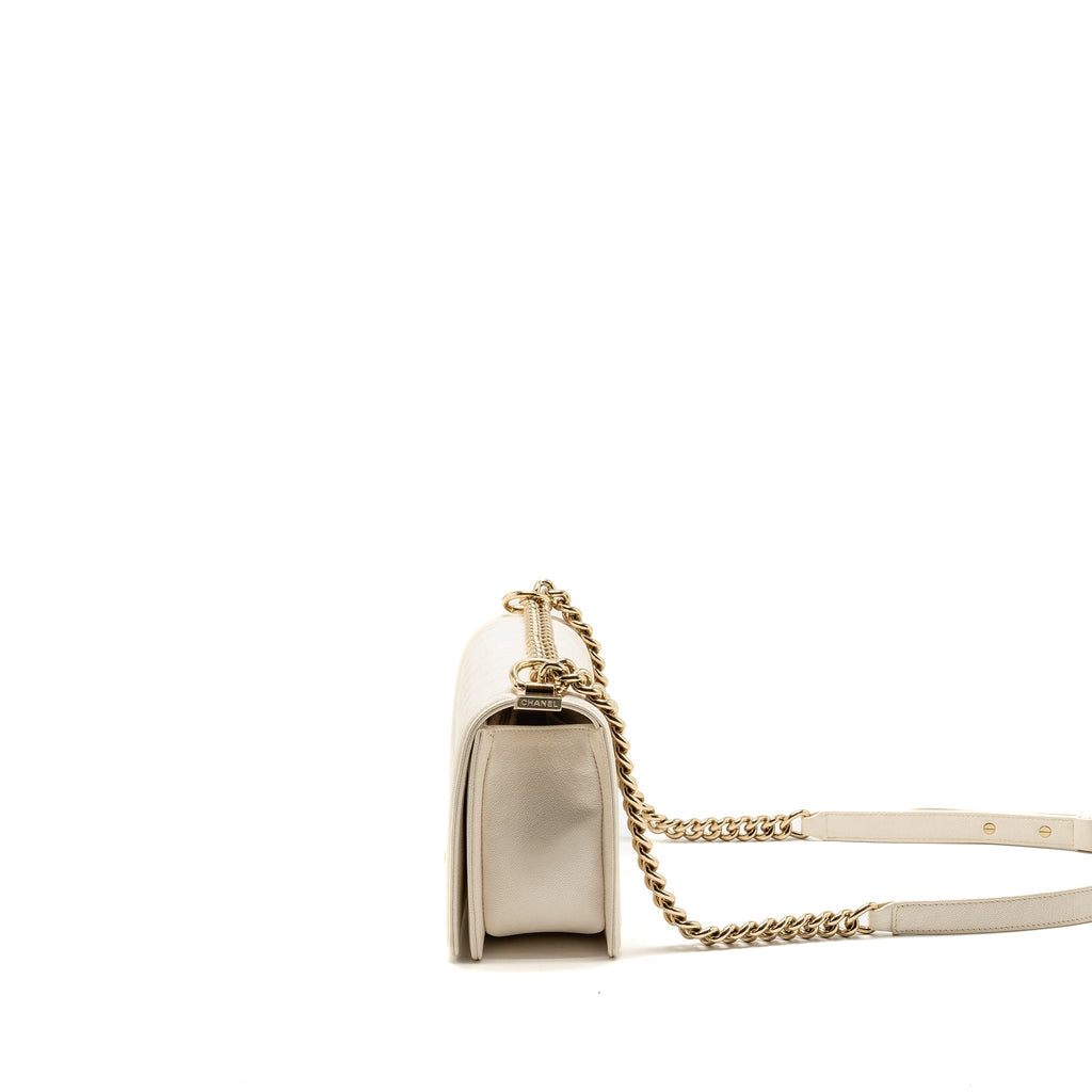 CHANEL MEDIUM BOY BAG CAVIAR WHITE LGHW