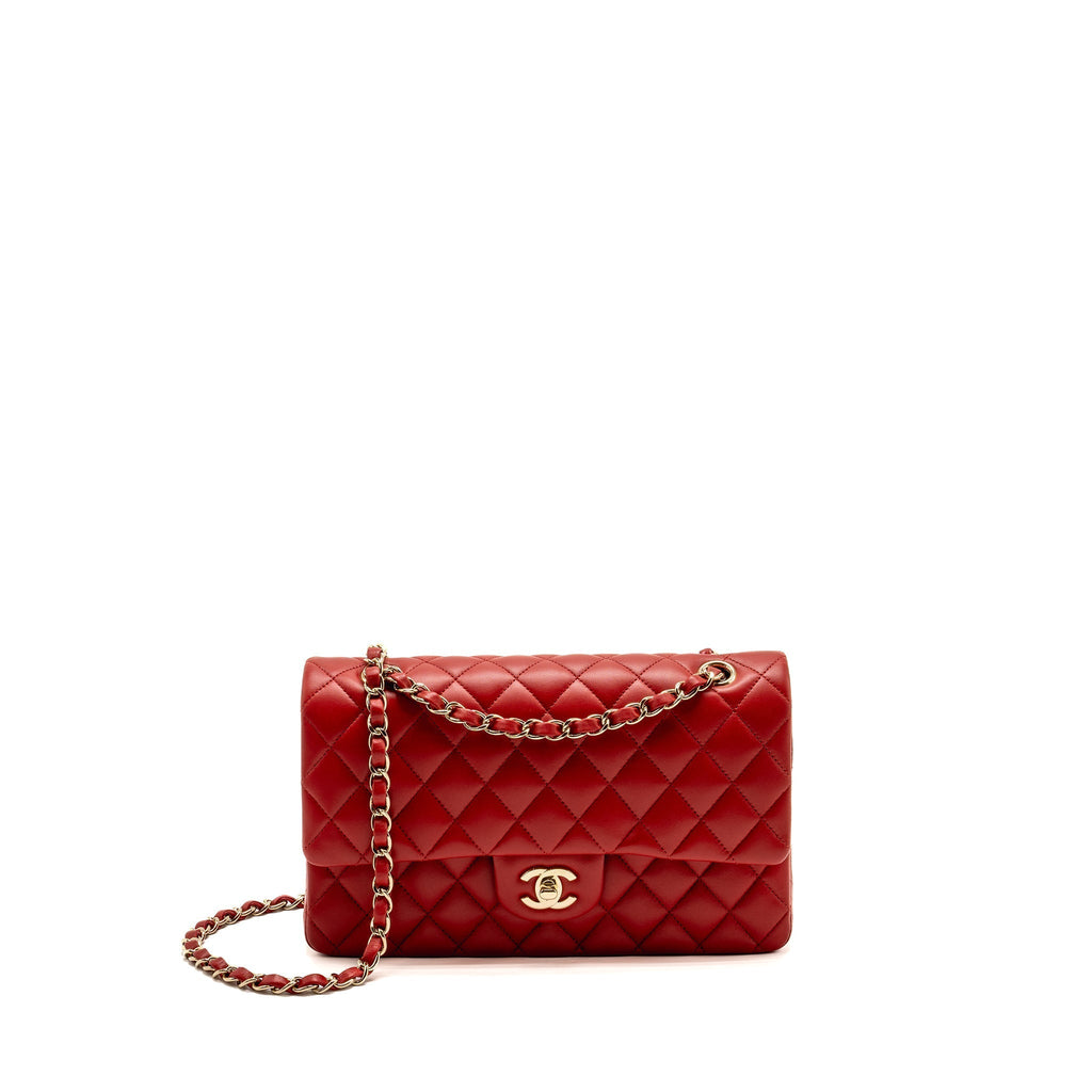 CHANEL MEDIUM CLASSIC DOUBLE FLAP BAG LAMBSKIN RED LGHW