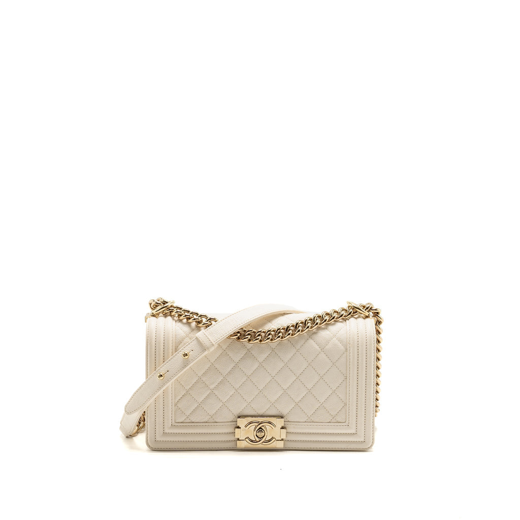 CHANEL MEDIUM BOY BAG CAVIAR WHITE LGHW
