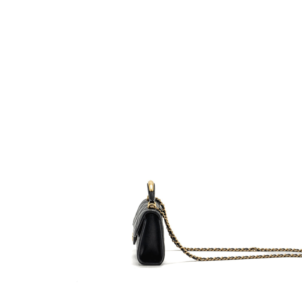 CHANEL TOP HANDLE MINI FLAP CLUTCH WITH CHAIN BLACK LAMBSKIN GHW (MICROCHIP)