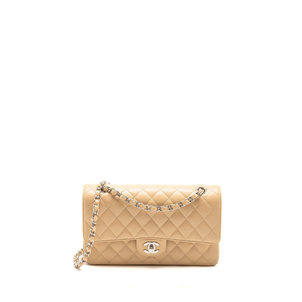 CHANEL MEDIUM CLASSIC DOUBLE FLAP BAG CAVIAR BEIGE SHW (MICROCHIP)