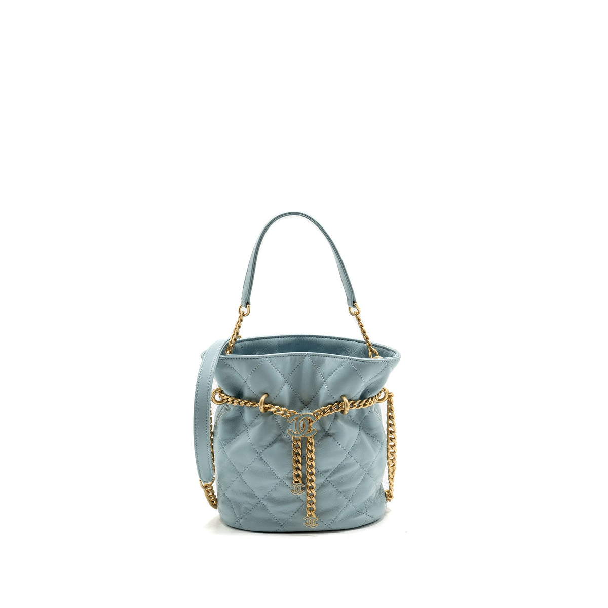 Chanel Enamel CC Bucket Bag Lambskin Light Blue GHW (Microchip)