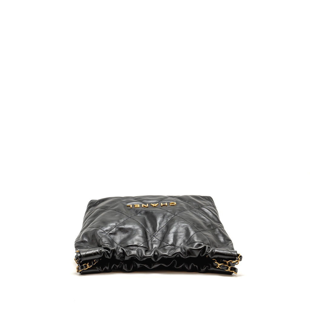 CHANEL SMALL 22 BAG GOLD LETTER CALFSKIN BLACK GHW (MICROCHIP)