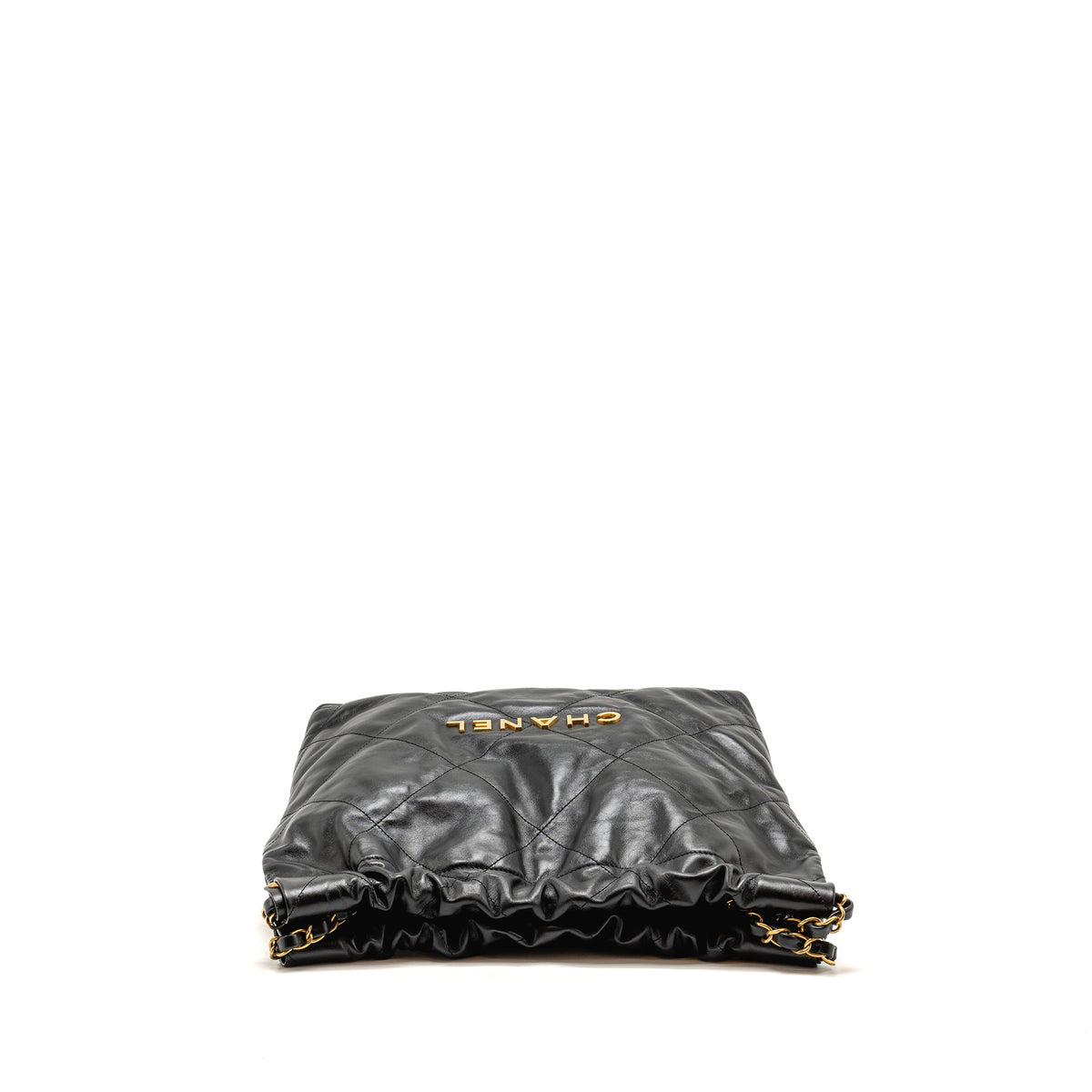 CHANEL SMALL 22 BAG GOLD LETTER CALFSKIN BLACK GHW (MICROCHIP)