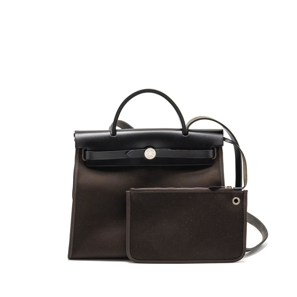 HERMES HERBAG 31 ZIP BAG CANVAS/HUNTER LEATHER EBENE/NOIR SHW
