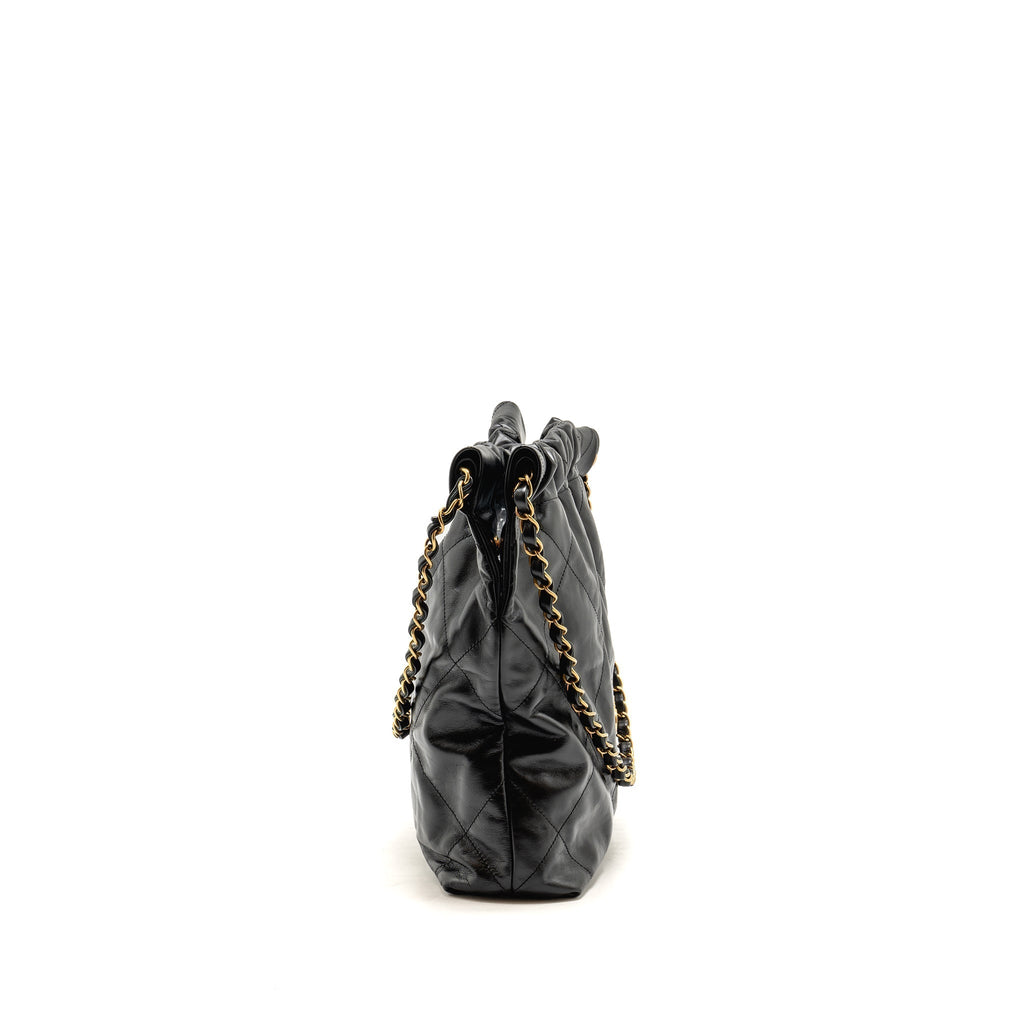CHANEL SMALL 22 BAG GOLD LETTER CALFSKIN BLACK GHW (MICROCHIP)