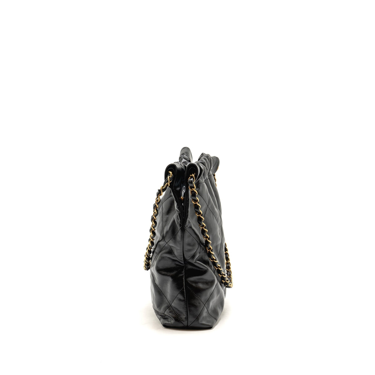 CHANEL SMALL 22 BAG GOLD LETTER CALFSKIN BLACK GHW (MICROCHIP)