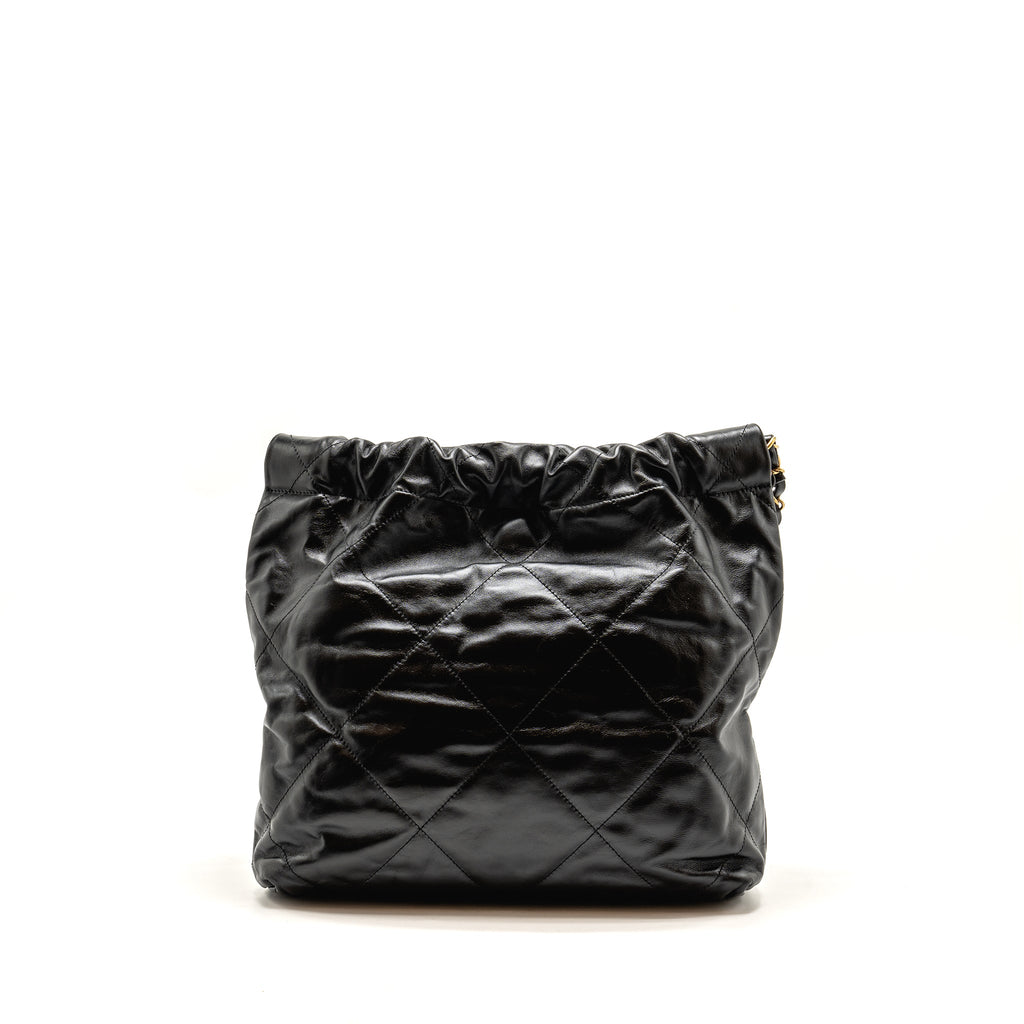 CHANEL SMALL 22 BAG GOLD LETTER CALFSKIN BLACK GHW (MICROCHIP)