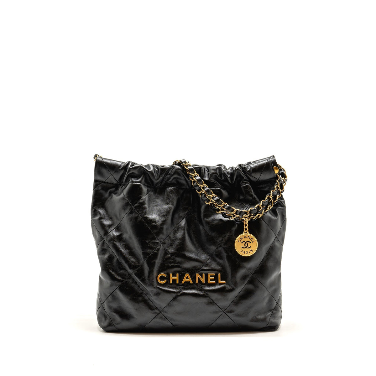 CHANEL SMALL 22 BAG GOLD LETTER CALFSKIN BLACK GHW (MICROCHIP)