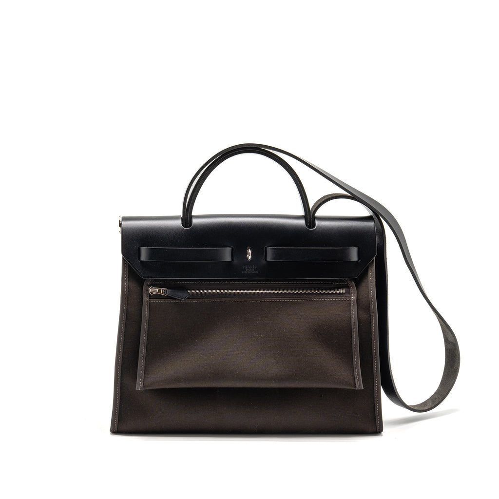 HERMES HERBAG 31 ZIP BAG CANVAS/HUNTER LEATHER EBENE/NOIR SHW