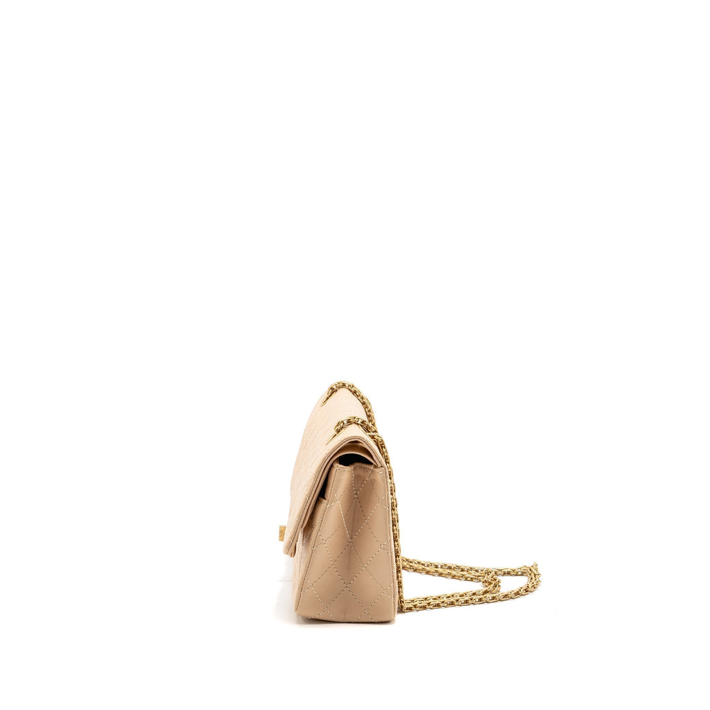 CHANEL SMALL 2.55 REISSUE DOUBLE FLAP BAG AGED CALFSKIN BEIGE GHW