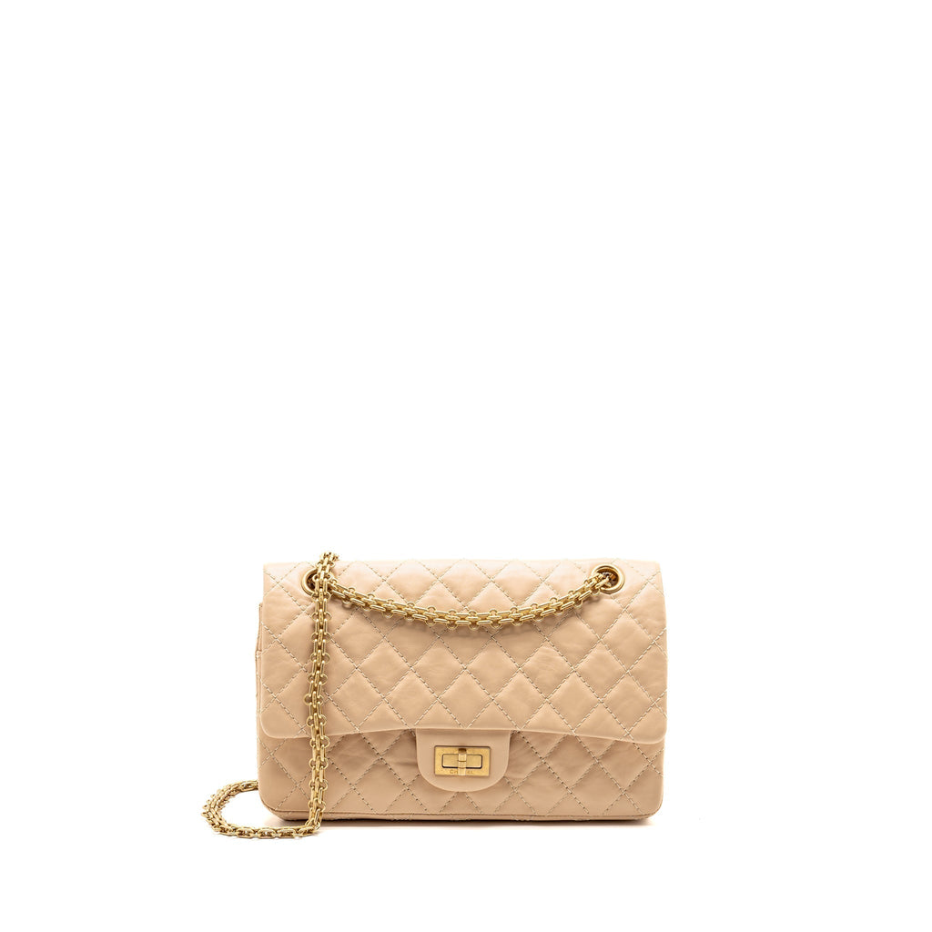CHANEL SMALL 2.55 REISSUE DOUBLE FLAP BAG AGED CALFSKIN BEIGE GHW
