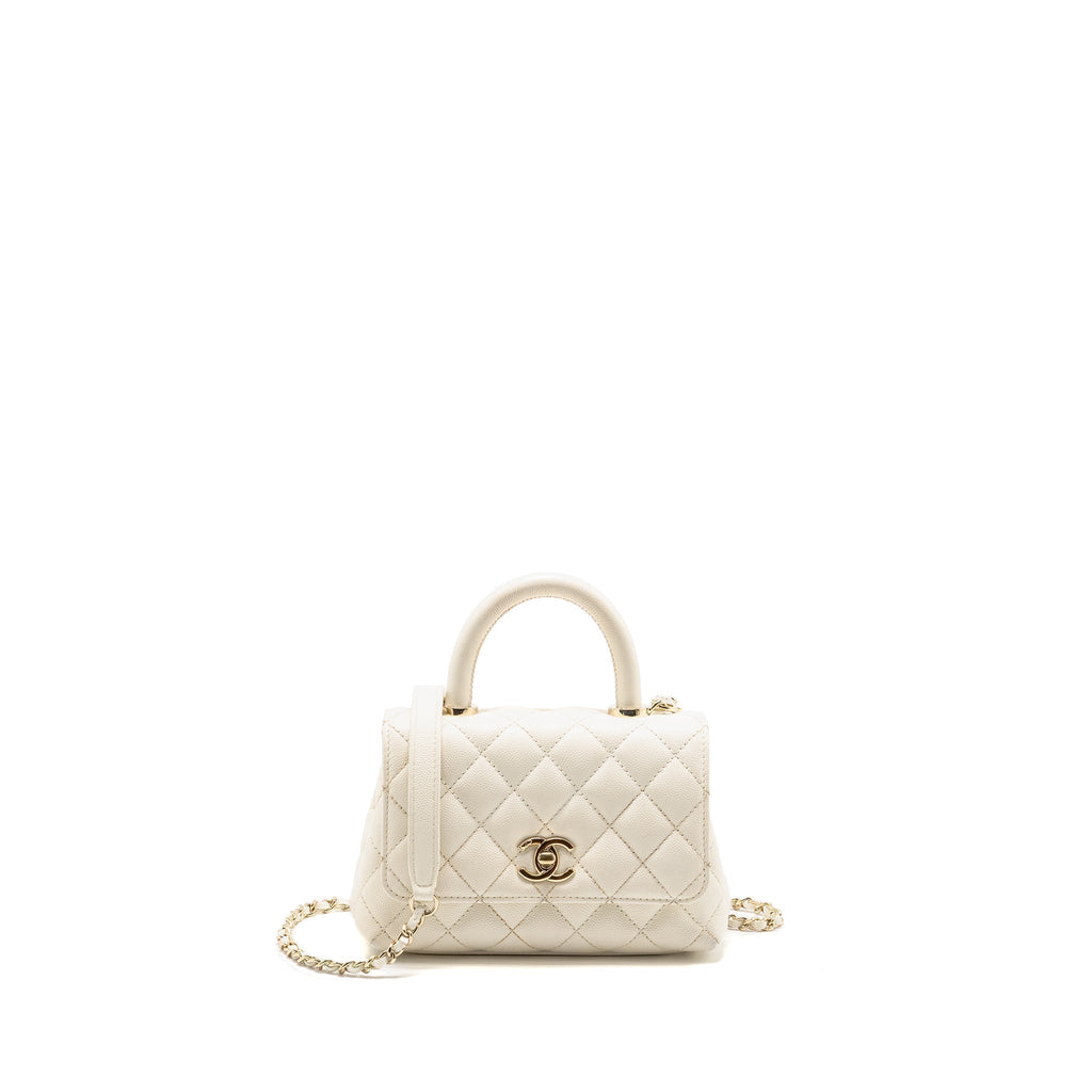 CHANEL MINI COCO HANDLE CAVIAR WHITE LGHW (MICROCHIP)