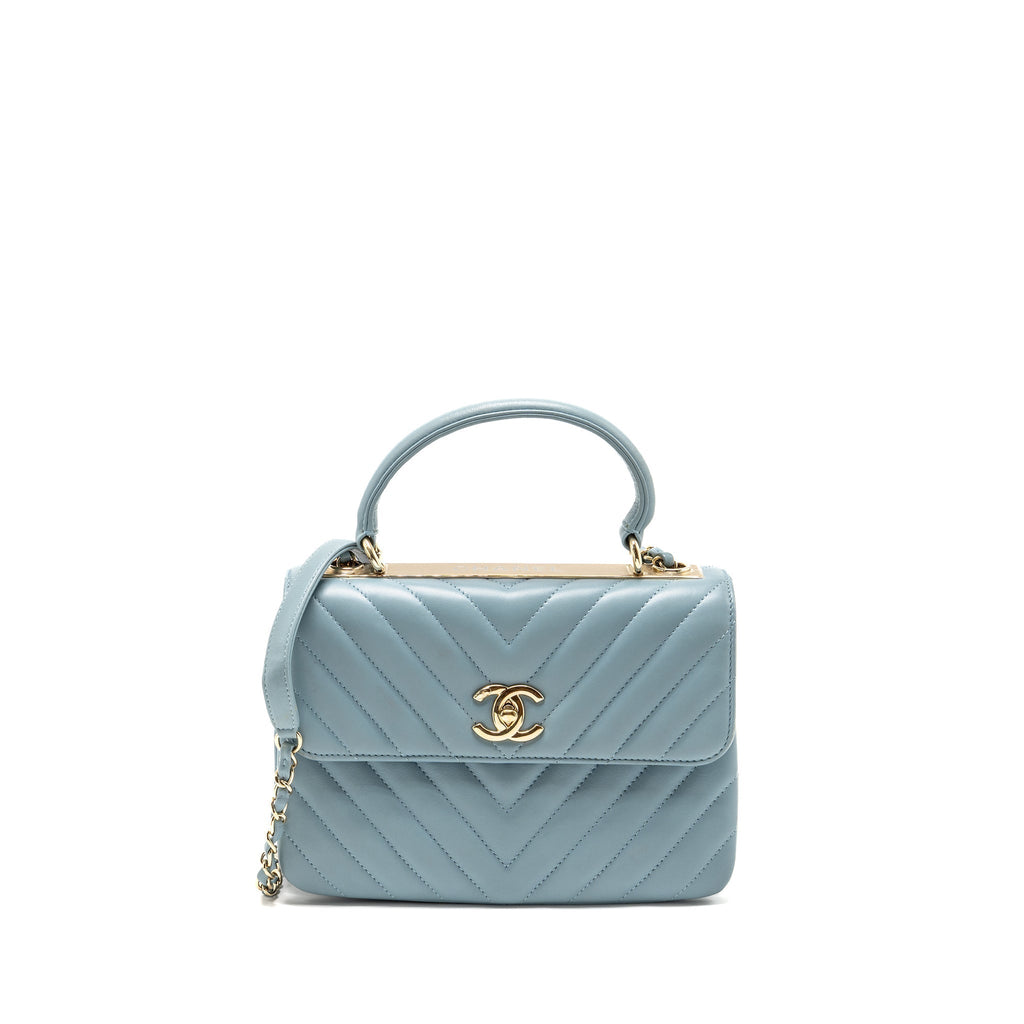 CHANEL TOP HANDLE TRENDY CC FLAP BAG CHEVRON LAMBSKIN BLUE LGHW