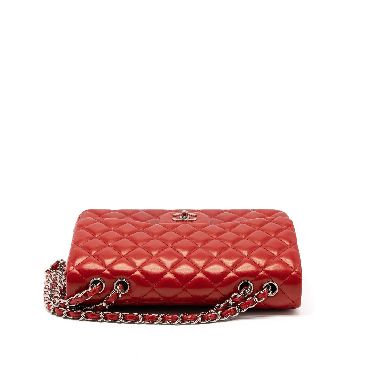 CHANEL JUMBO CLASSIC SINGLE FLAP BAG LAMBSKIN RED SHW