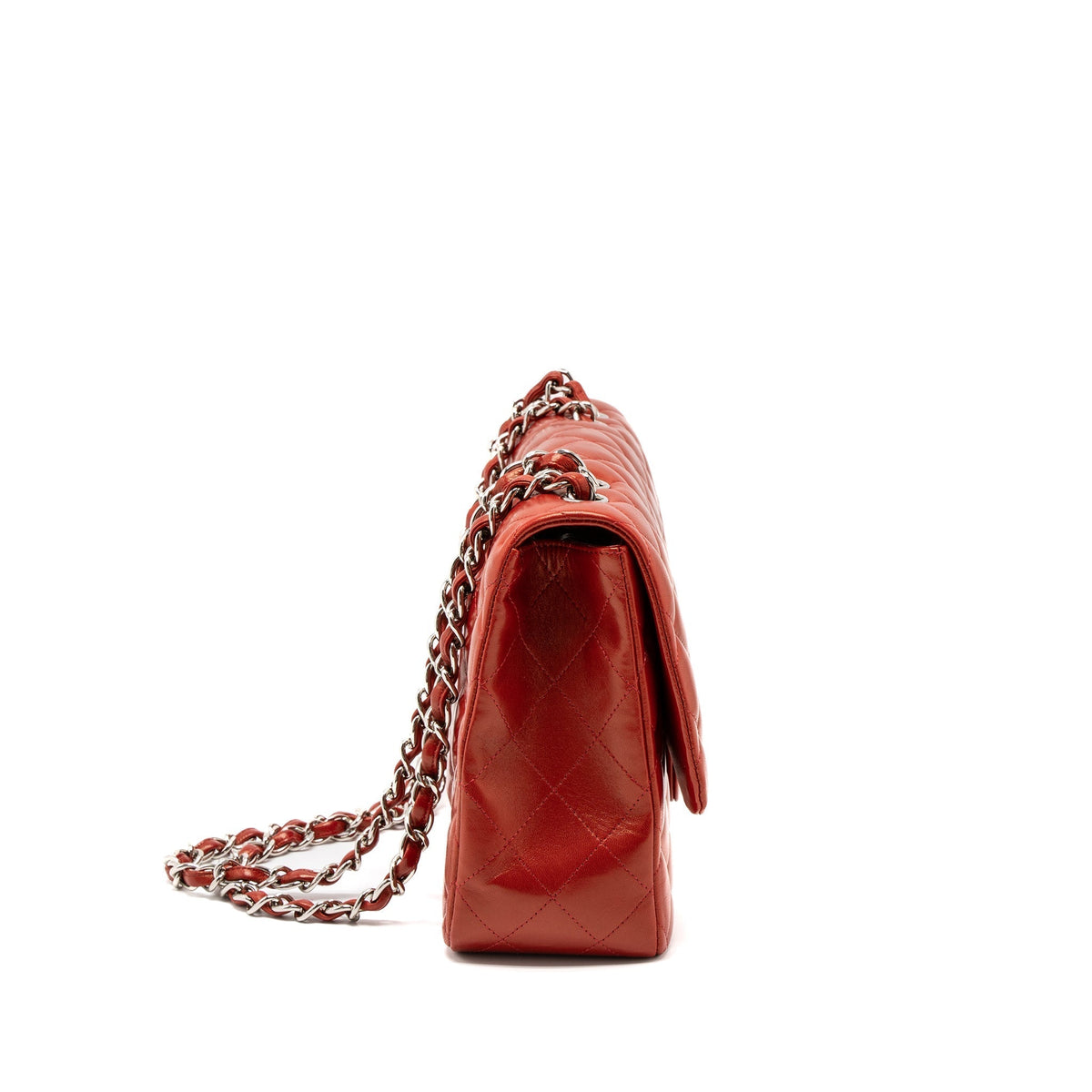CHANEL JUMBO CLASSIC SINGLE FLAP BAG LAMBSKIN RED SHW