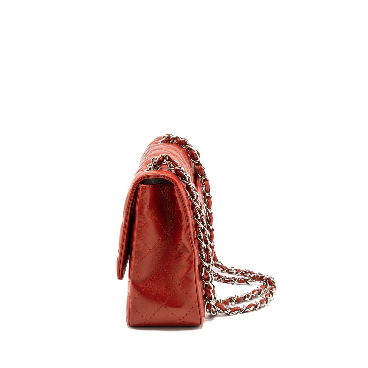 CHANEL JUMBO CLASSIC SINGLE FLAP BAG LAMBSKIN RED SHW