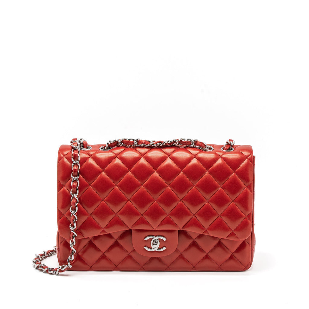 CHANEL JUMBO CLASSIC SINGLE FLAP BAG LAMBSKIN RED SHW