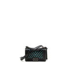 CHANEL SMALL BOY BAG CHEVRON CALFSKIN BLACK/IRIDESCENT BLUE BLACK HARDWARE
