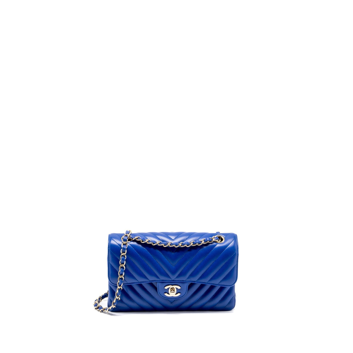 CHANEL SMALL CLASSIC DOUBLE FLAP BAG CHEVRON LAMBSKIN BLUE LGHW