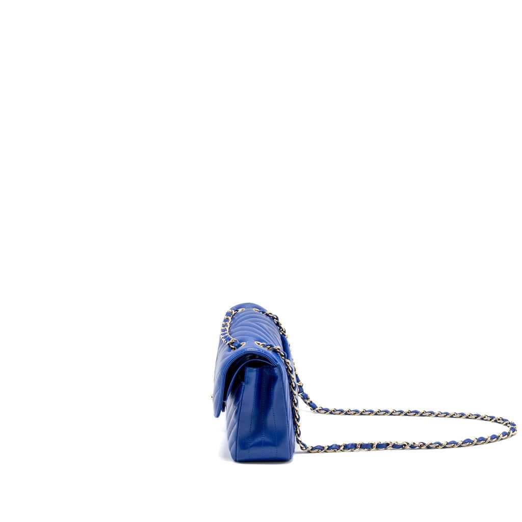 CHANEL SMALL CLASSIC DOUBLE FLAP BAG CHEVRON LAMBSKIN BLUE LGHW