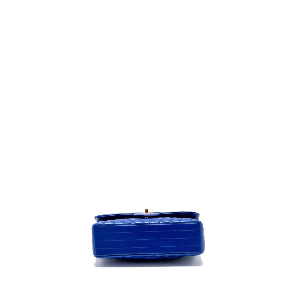 CHANEL SMALL CLASSIC DOUBLE FLAP BAG CHEVRON LAMBSKIN BLUE LGHW