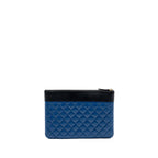 CHANEL CC LOGO QUILTED ZIP POUCH / CLUTCH SHINY SHEEPSKIN BLACK/ BLUE GHW
