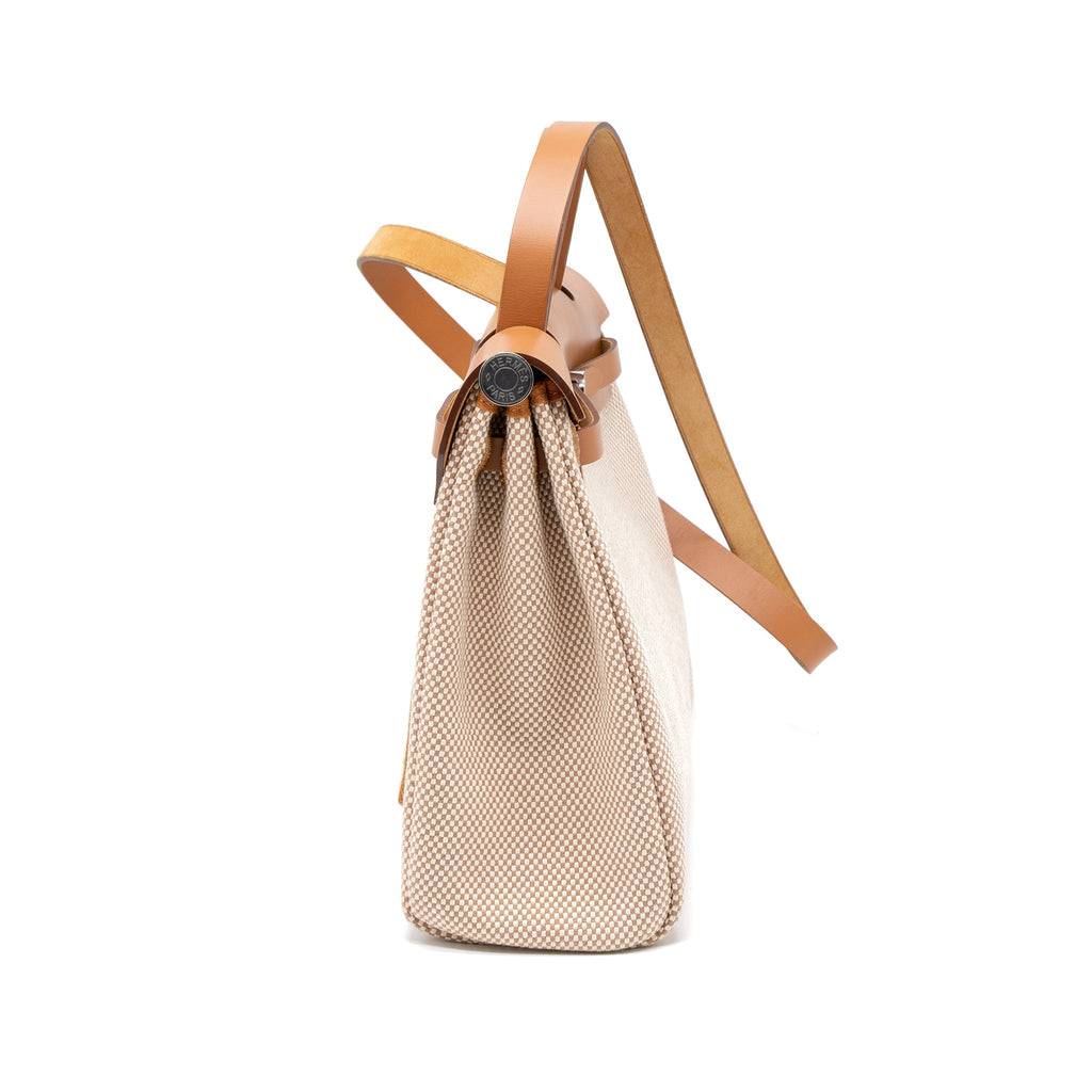 HERMES HERBAG 31 ZIP BAG CANVAS/CACHE HUNTER ECRU/BEIGE GHW