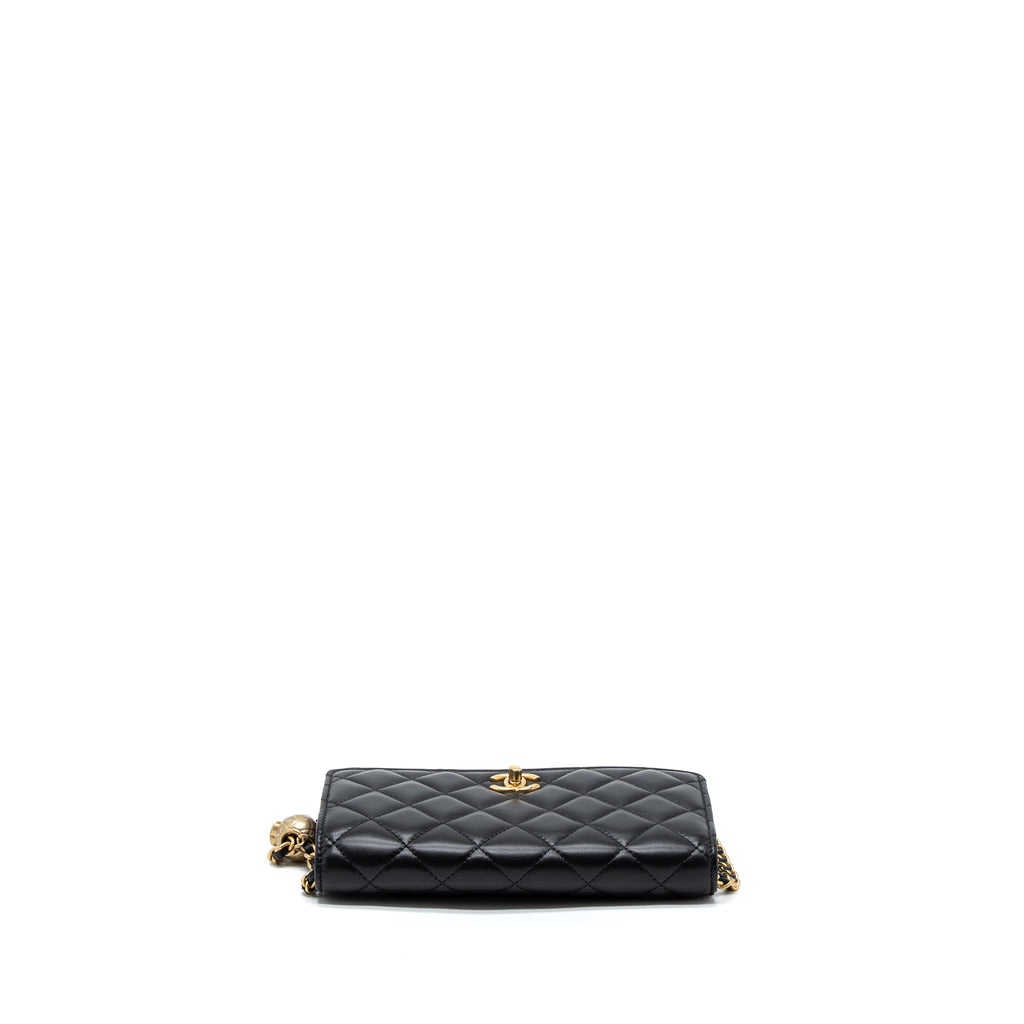 CHANEL PEARL CRUSH WALLET ON CHAIN LAMBSKIN BLACK BRUSHED GHW (MICROCHIP)