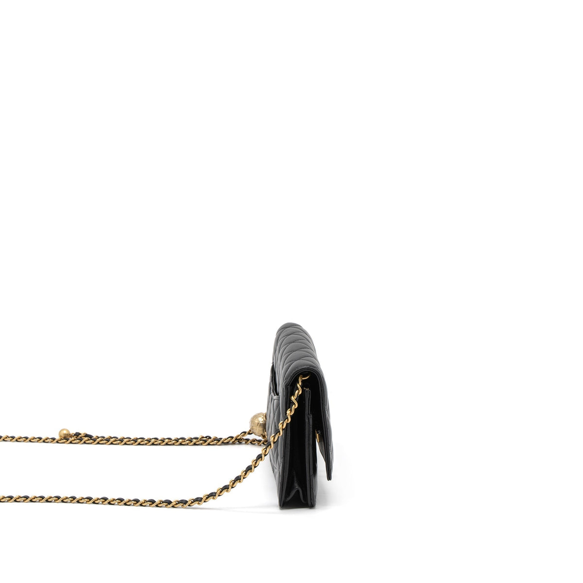 CHANEL PEARL CRUSH WALLET ON CHAIN LAMBSKIN BLACK BRUSHED GHW (MICROCHIP)