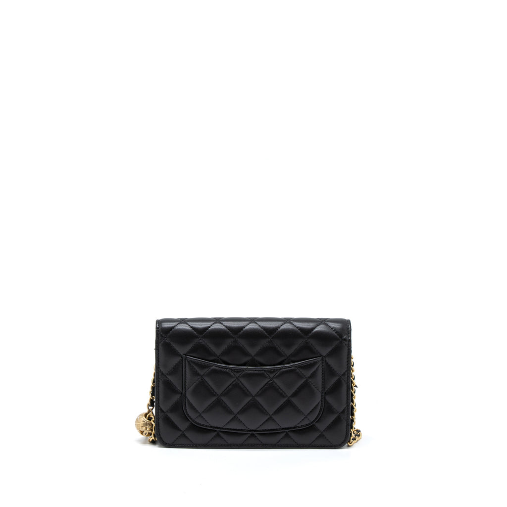 CHANEL PEARL CRUSH WALLET ON CHAIN LAMBSKIN BLACK BRUSHED GHW (MICROCHIP)