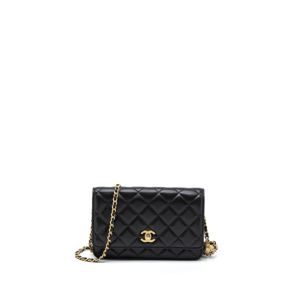CHANEL PEARL CRUSH WALLET ON CHAIN LAMBSKIN BLACK BRUSHED GHW (MICROCHIP)