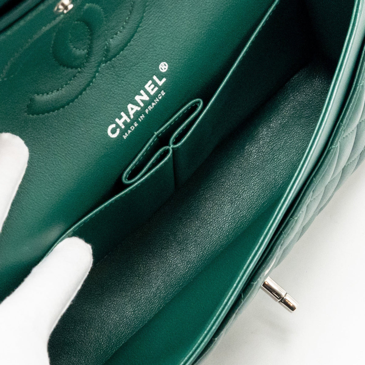 CHANEL MEDIUM CLASSIC DOUBLE FLAP BAG LAMBSKIN GREEN SHW